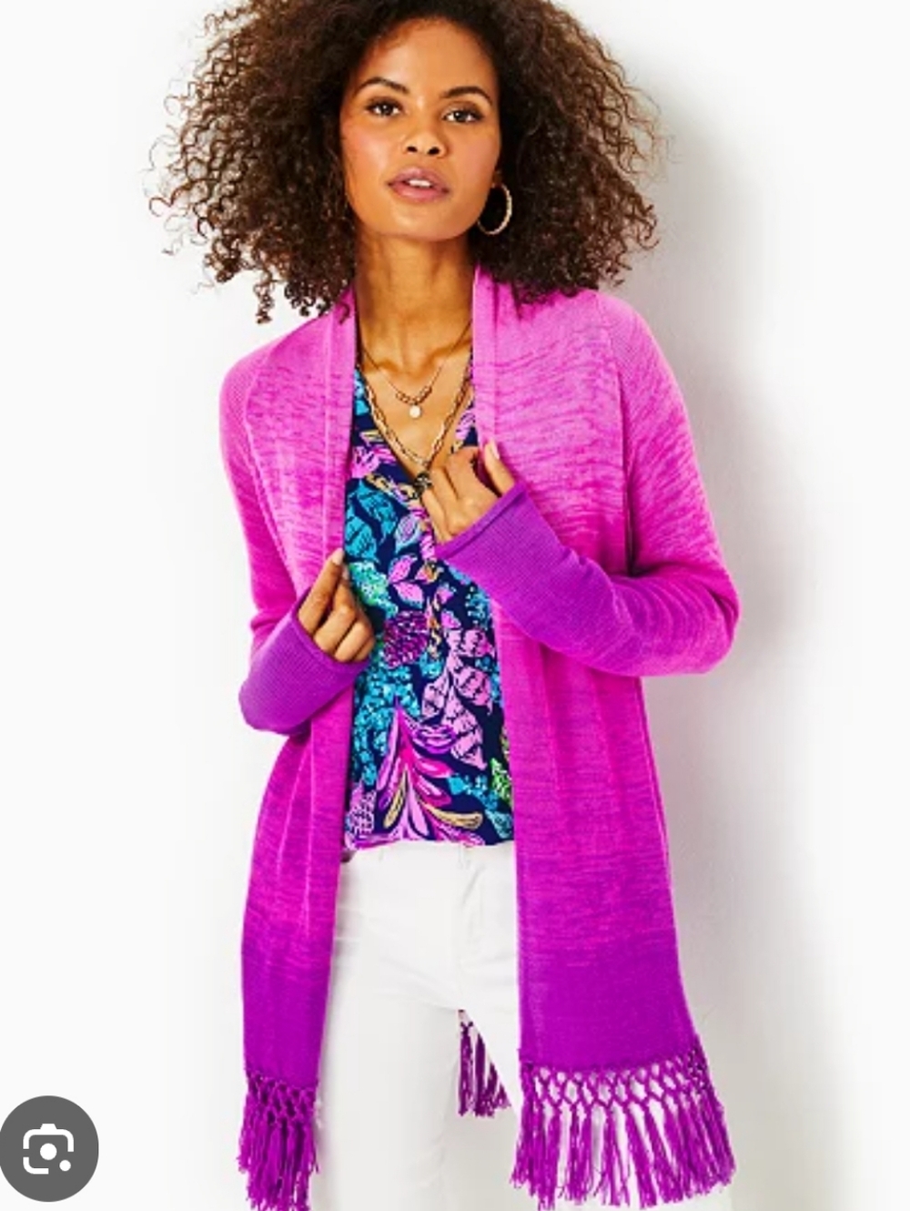 Lilly Pulitzer Pink to Purple Ombre Fringe Open Cardigan